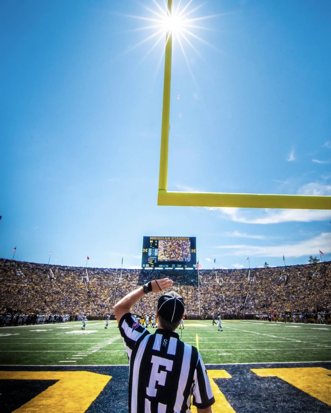Football referee signaling a touchdown in a packed stadium