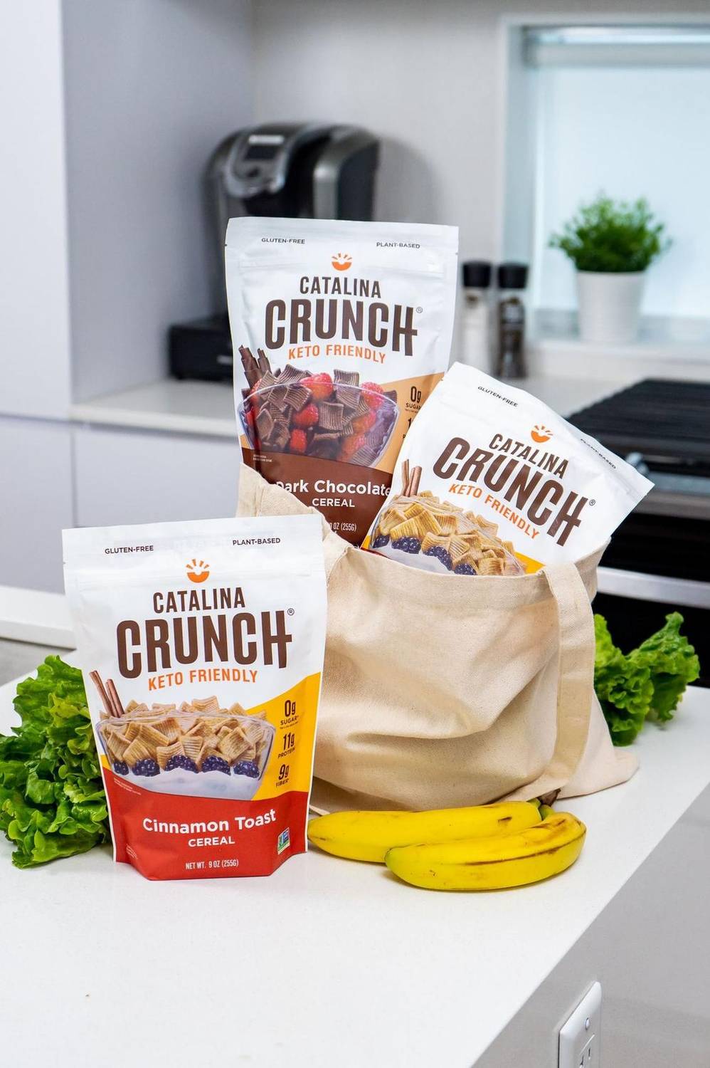 Cereal bags in a canvas tote bag on a kitchen counter