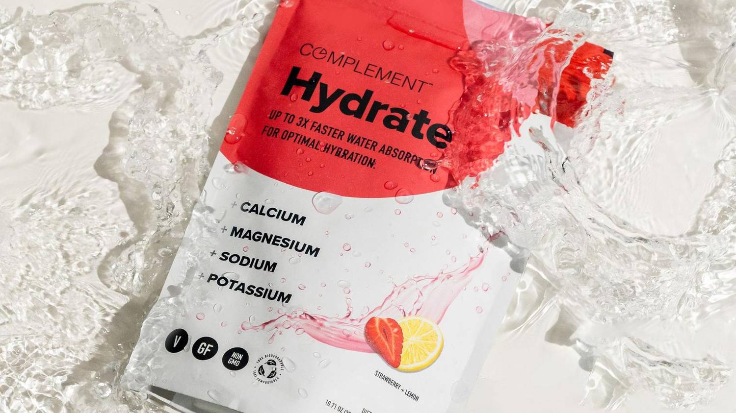 Hydration supplement packet splashing in water