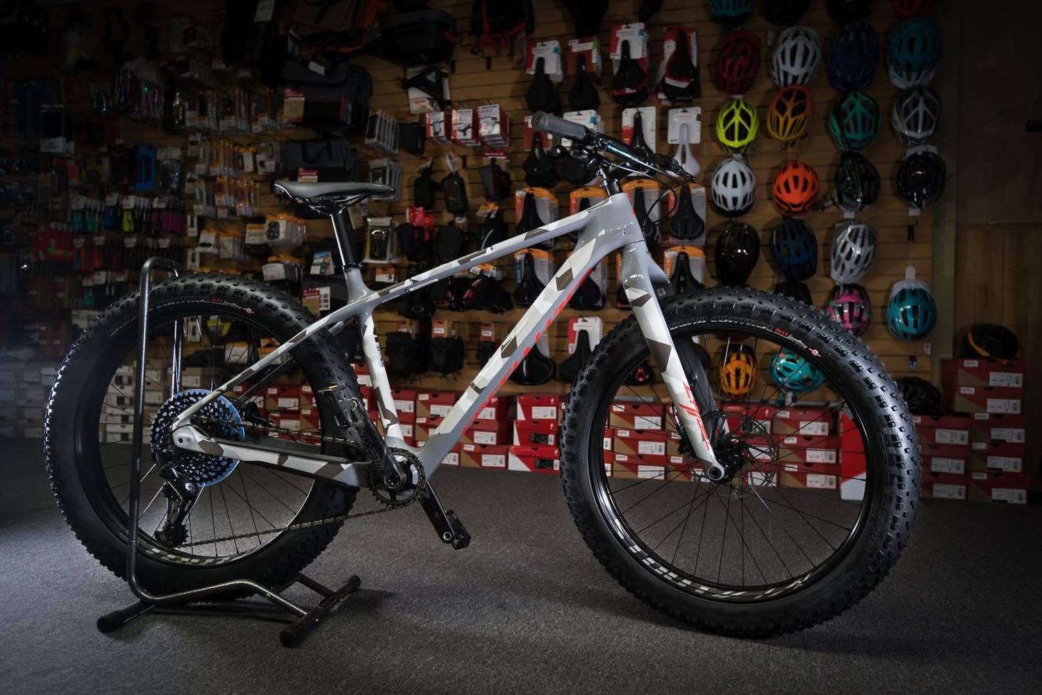 Mountain bike on display inside a bike shop