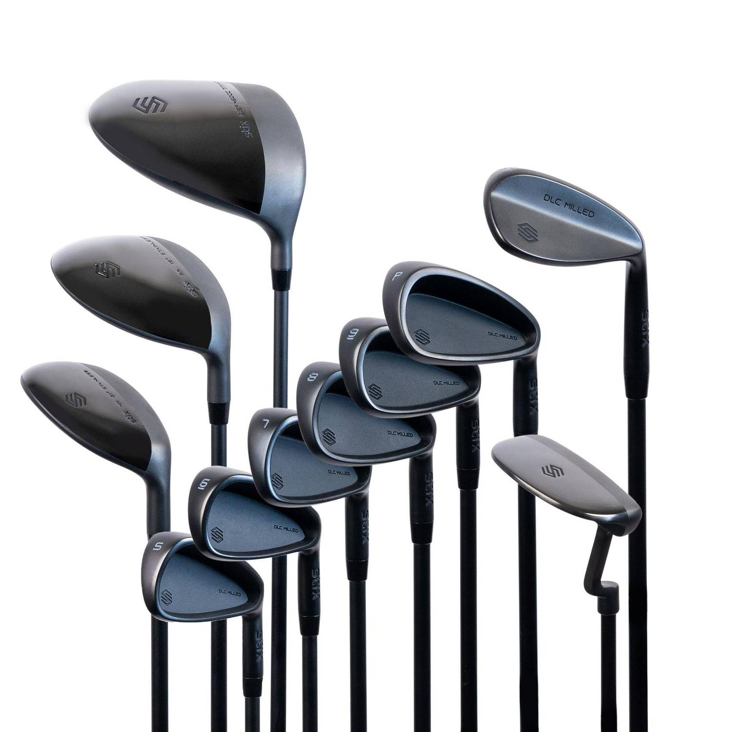 Full set of golf clubs fanned out against a white background
